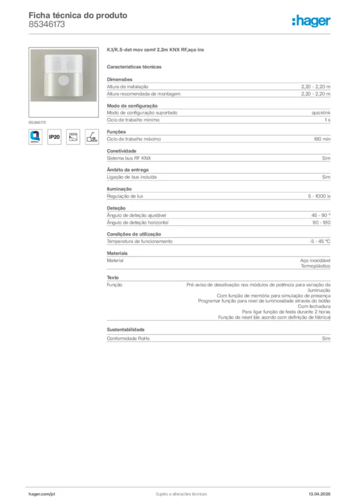 Imagem Hager Ficha técnica do produto 85346173 | Hager Portugal