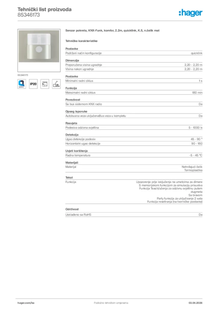 Slika Hager Tehnički list proizvoda 85346173  | Hager