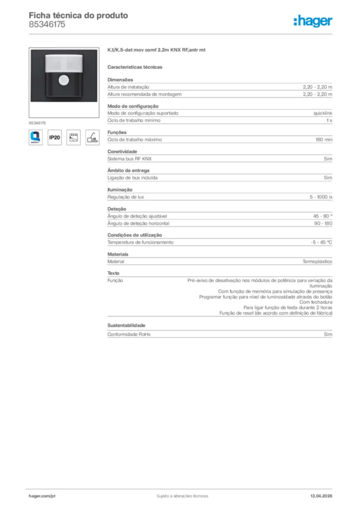 Imagem Hager Ficha técnica do produto 85346175 | Hager Portugal