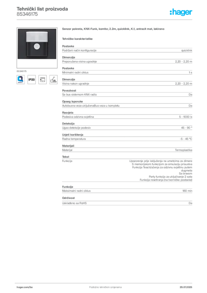 Slika Hager Product data sheet 85346175  | Hager