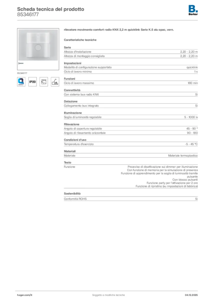Immagine Berker Scheda tecnica del prodotto 85346177 | Hager Italia