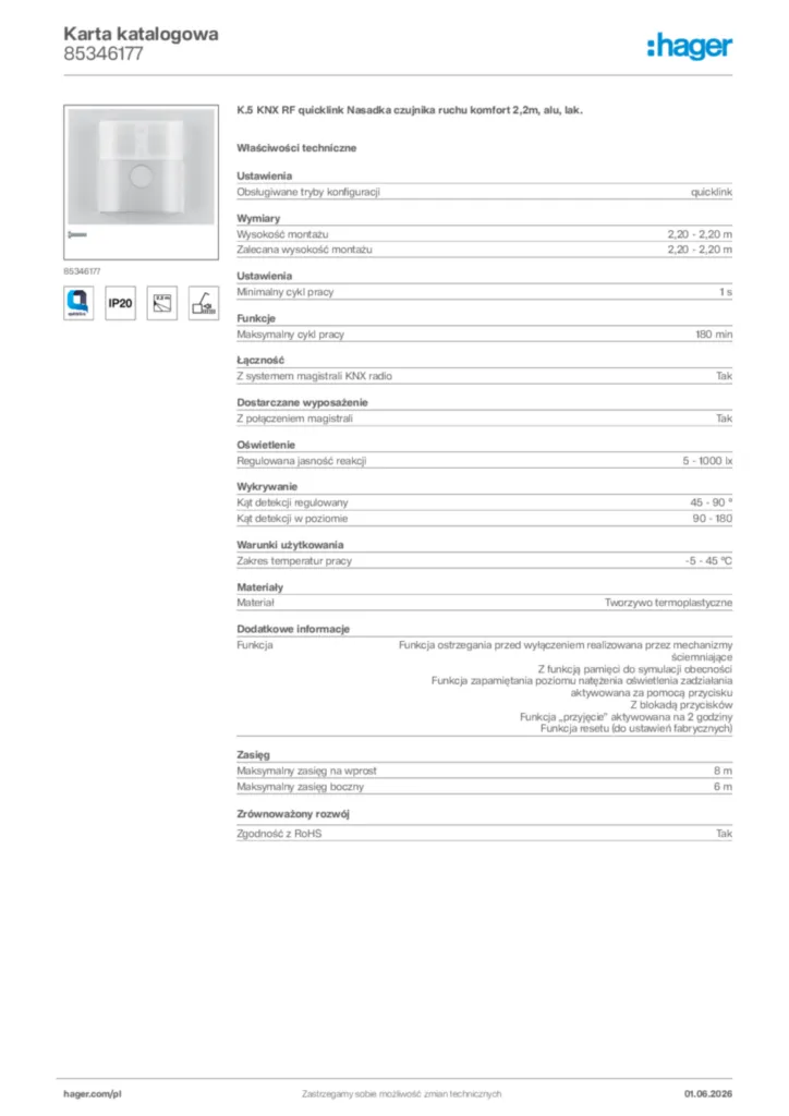 Zdjęcie Hager Karta katalogowa 85346177 | Hager Polska