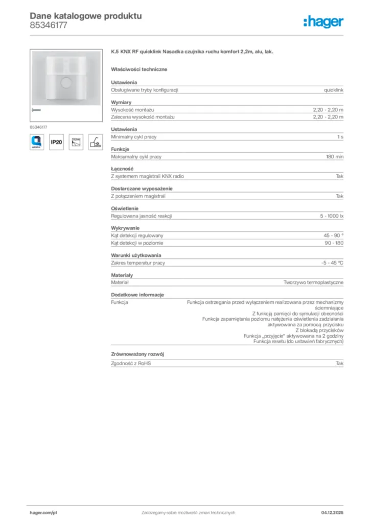 Zdjęcie Hager Karta katalogowa 85346177 | Hager Polska