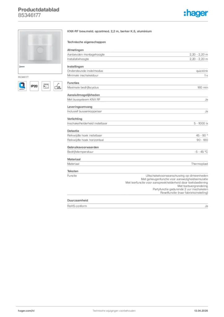 Afbeelding Hager Productdatablad 85346177 | Hager Nederland