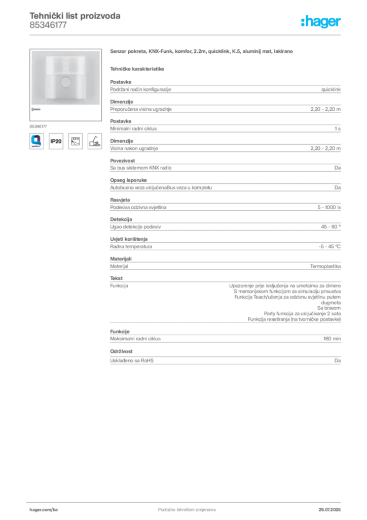 Slika Hager Product data sheet 85346177  | Hager
