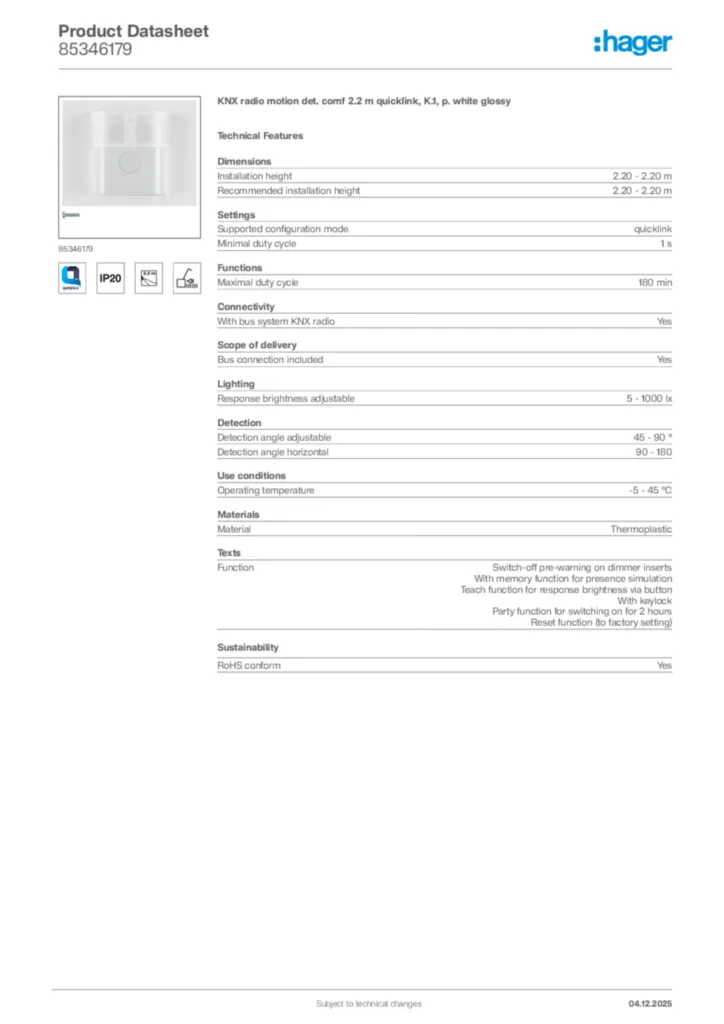 Image Hager Product data sheet 85346179  | Hager Africa