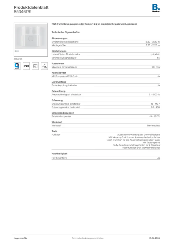Bild Berker Produktdatenblatt 85346179 | Hager Deutschland