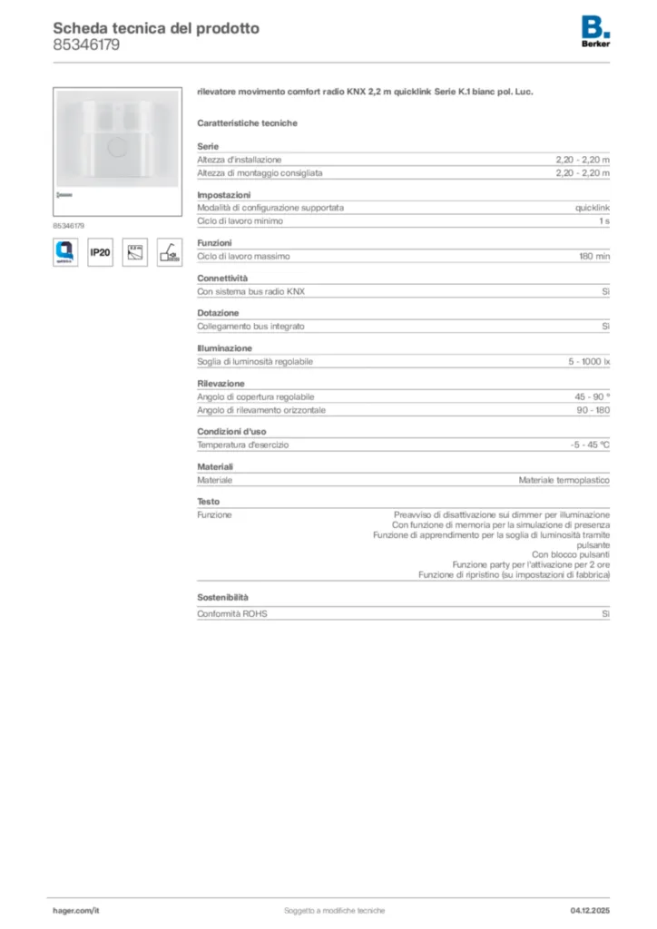 Immagine Berker Scheda tecnica del prodotto 85346179 | Hager Italia