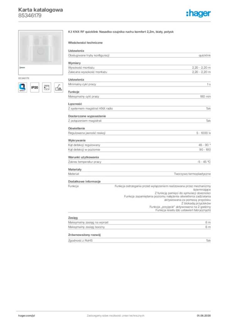 Zdjęcie Hager Karta katalogowa 85346179 | Hager Polska