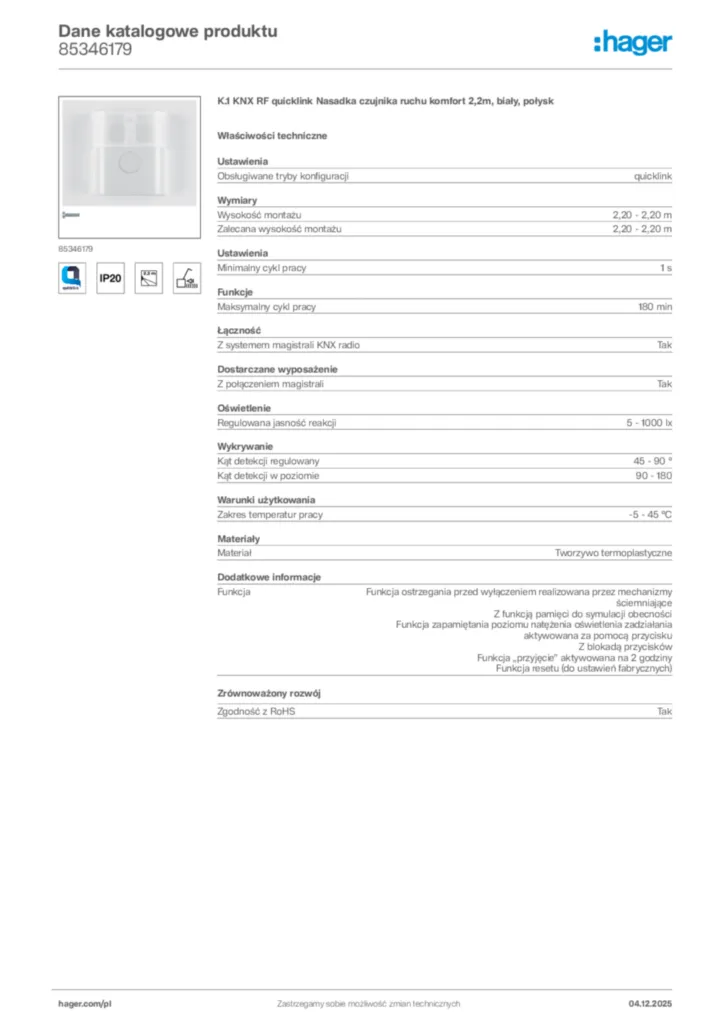 Zdjęcie Hager Karta katalogowa 85346179 | Hager Polska