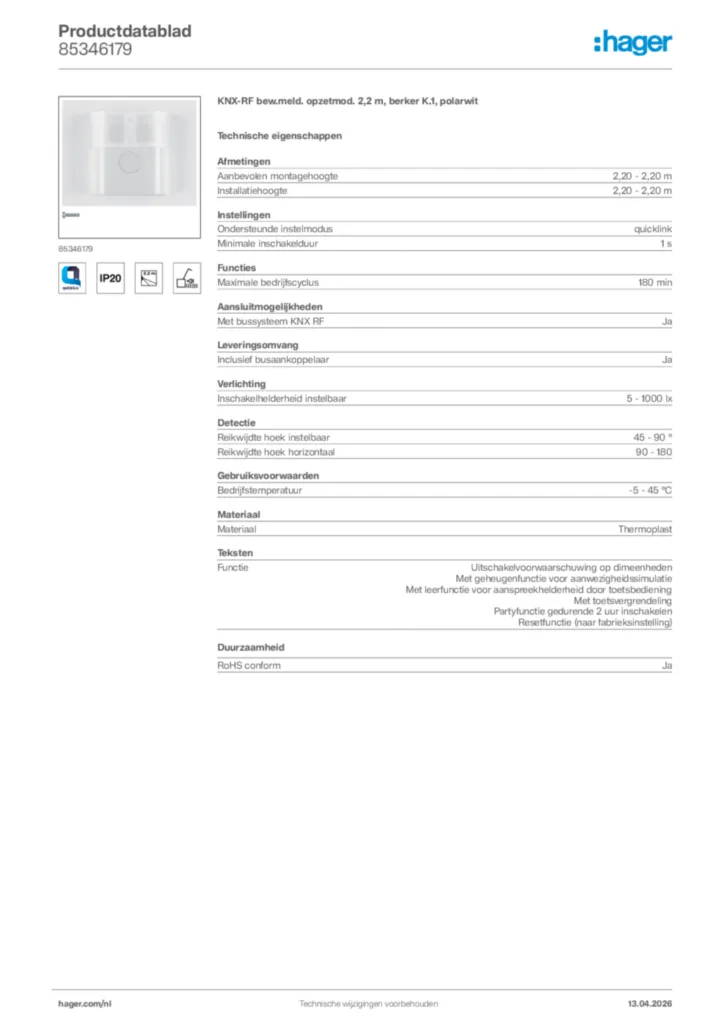 Afbeelding Hager Productdatablad 85346179 | Hager Nederland