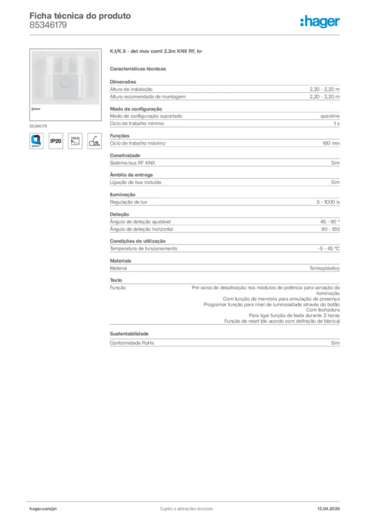 Imagem Hager Ficha técnica do produto 85346179 | Hager Portugal