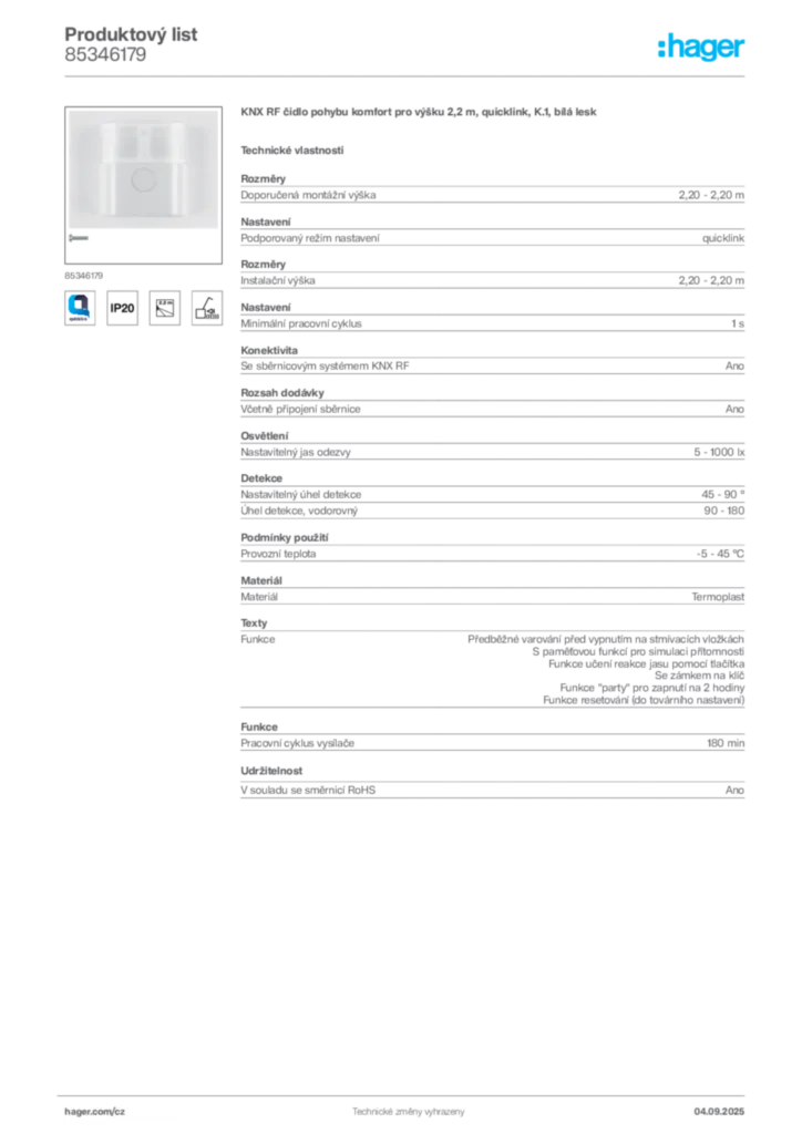 Obrázek Hager Produktový list 85346179 | Hager