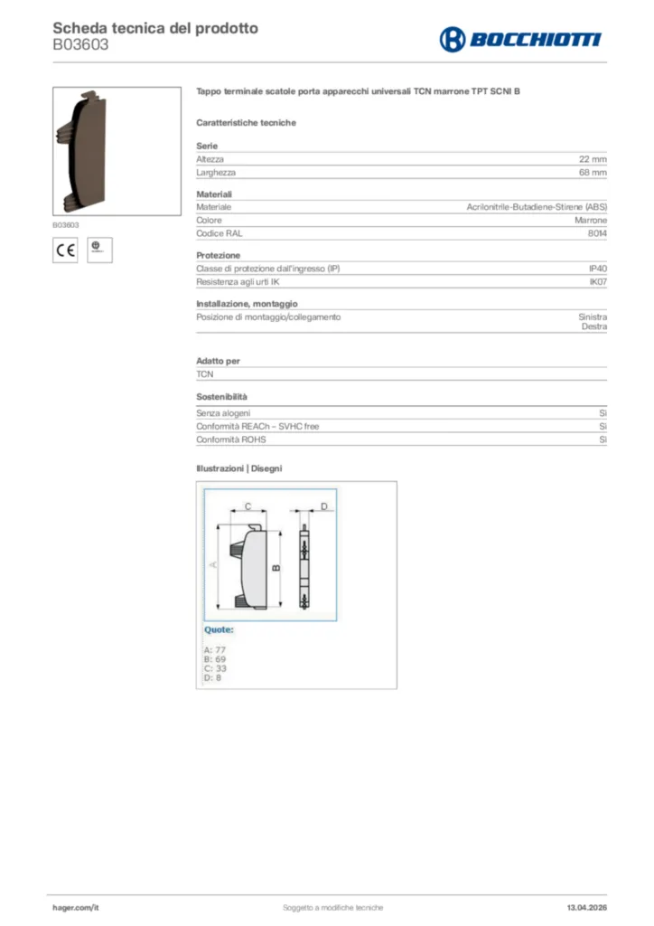 Immagine Bocchiotti Scheda tecnica del prodotto B03603 | Hager Italia