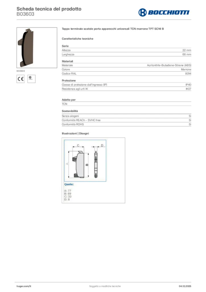 Immagine Bocchiotti Scheda tecnica del prodotto B03603 | Hager Italia
