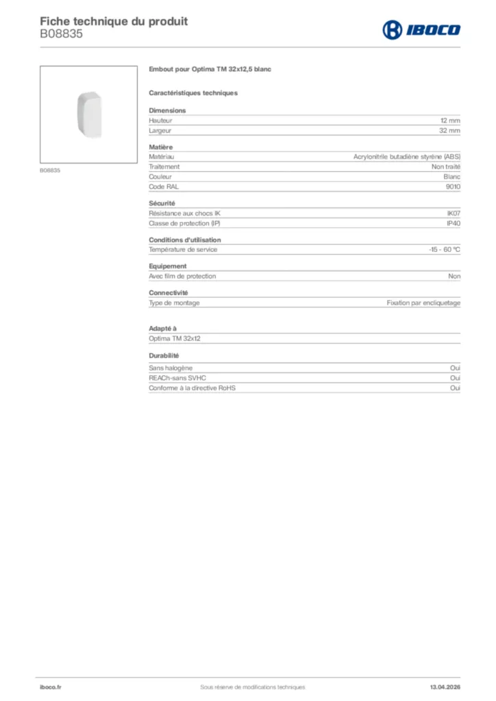 Image Iboco Fiche technique du produit B08835 | Hager France