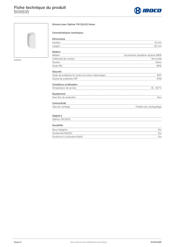 Image Iboco Fiche technique du produit B08835 | Hager France