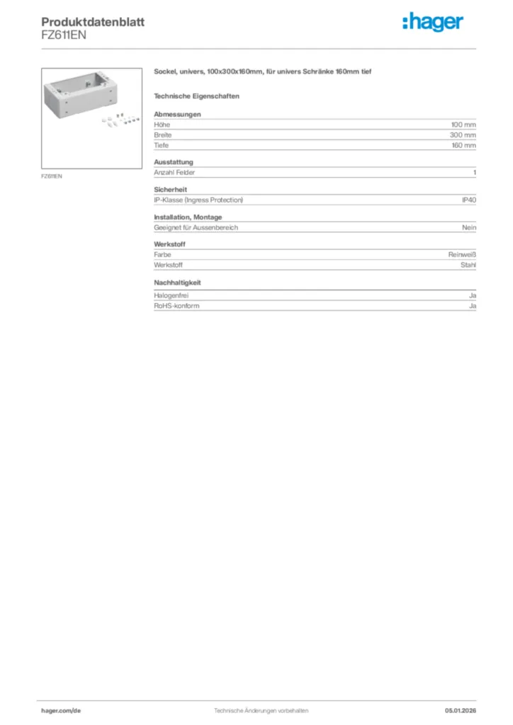 Bild Hager Produktdatenblatt FZ611EN | Hager Deutschland