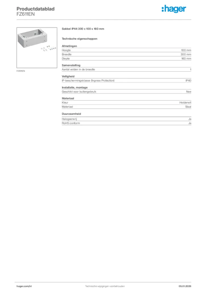 Afbeelding Hager Productdatablad FZ611EN | Hager Nederland