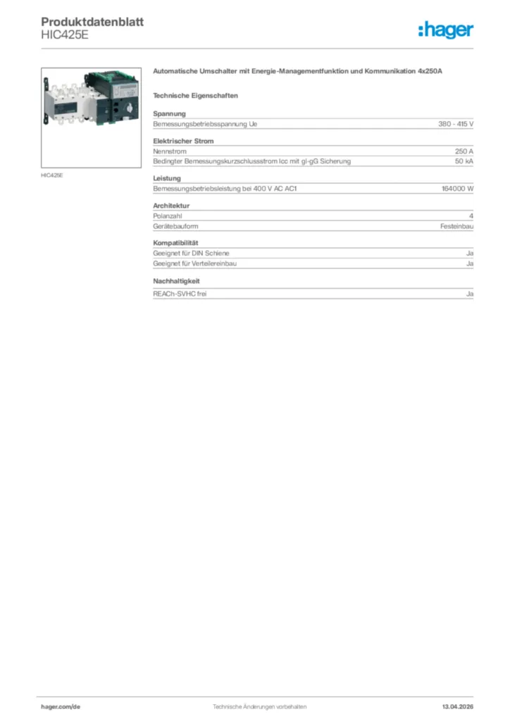 Bild Hager Produktdatenblatt HIC425E | Hager Deutschland