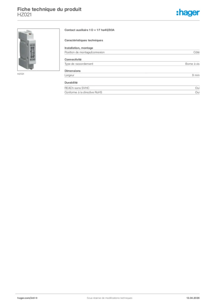Image Hager Fiche technique du produit HZ021 | Hager Afrique