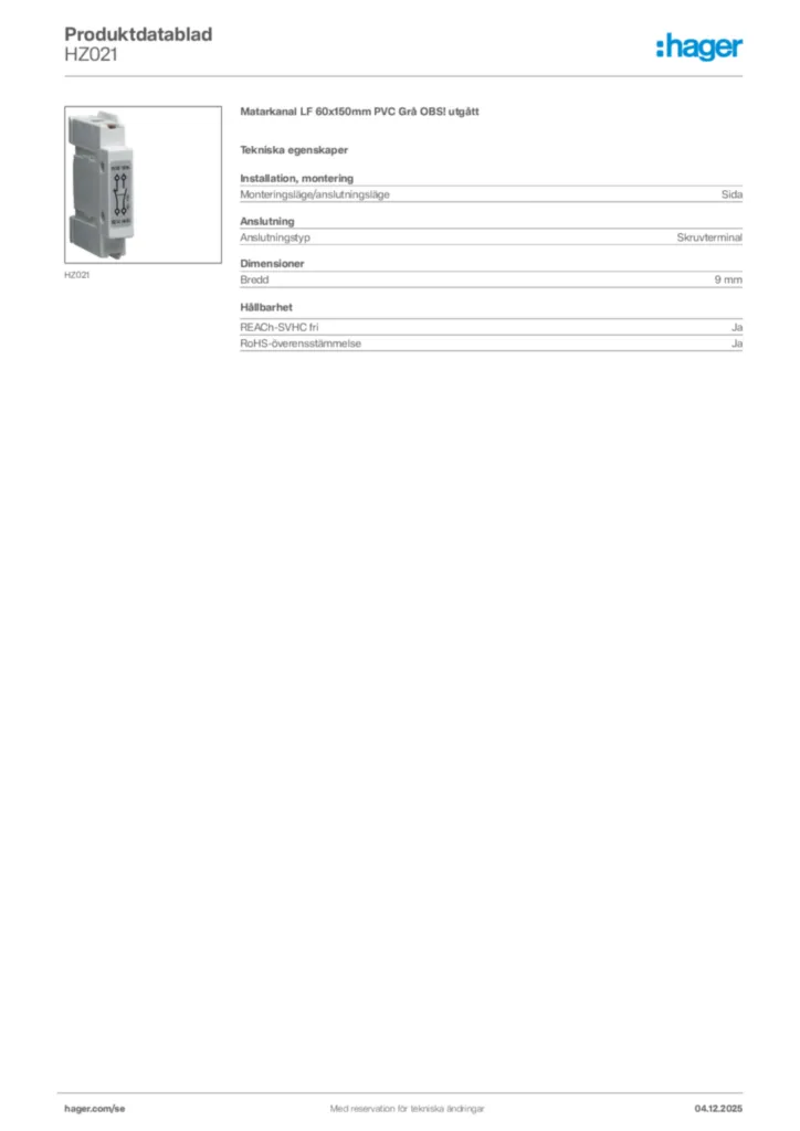 Bild Hager Produktdatablad HZ021 | Hager Sverige
