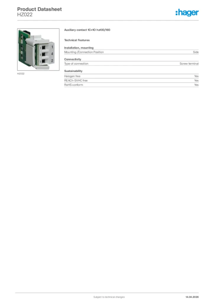 Image Hager Product data sheet HZ022  | Hager Africa
