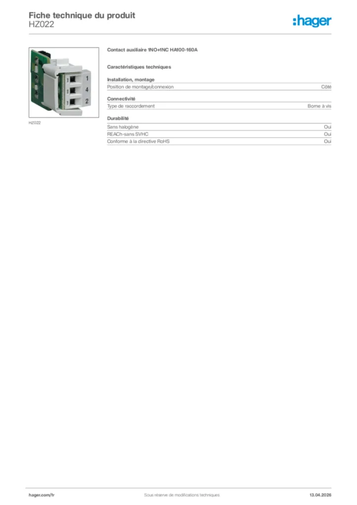 Image Hager Fiche technique du produit HZ022 | Hager France