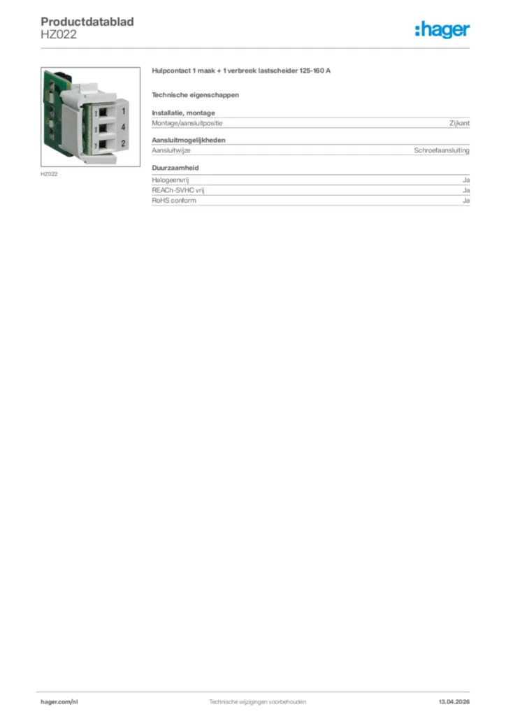 Afbeelding Hager Productdatablad HZ022 | Hager Nederland