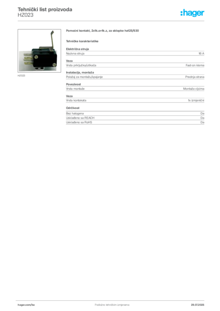 Slika Hager Product data sheet HZ023  | Hager