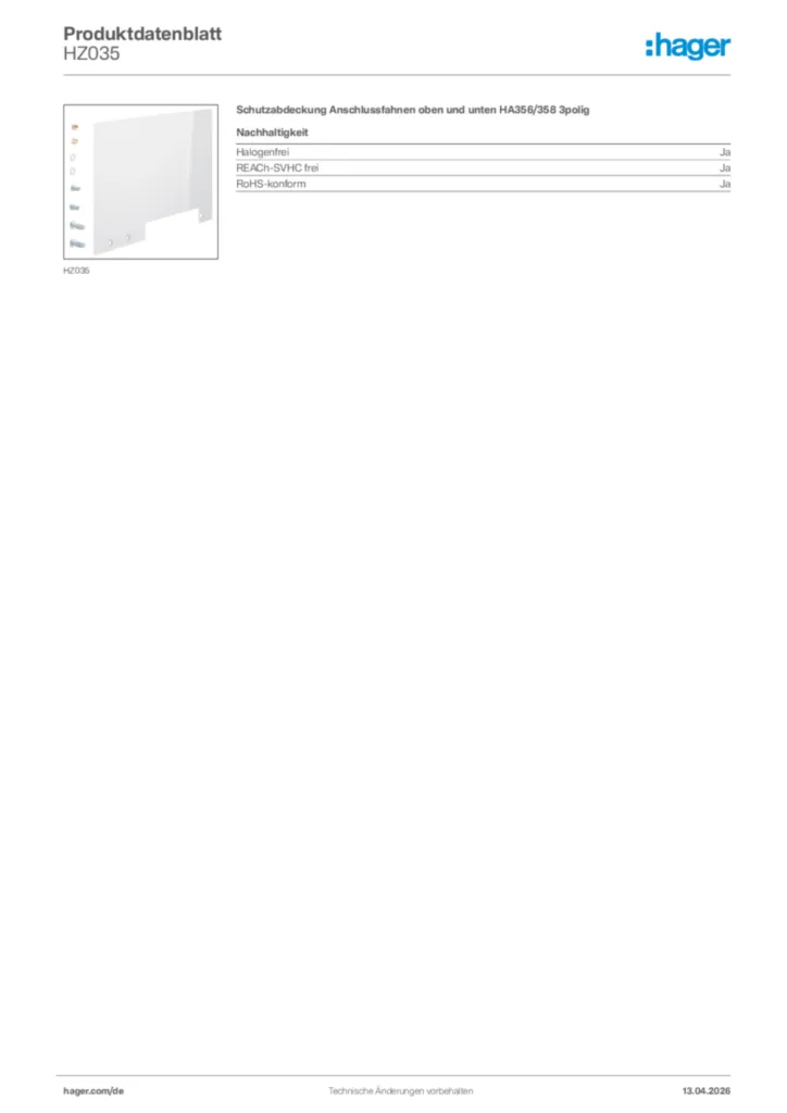 Bild Hager Produktdatenblatt HZ035 | Hager Deutschland