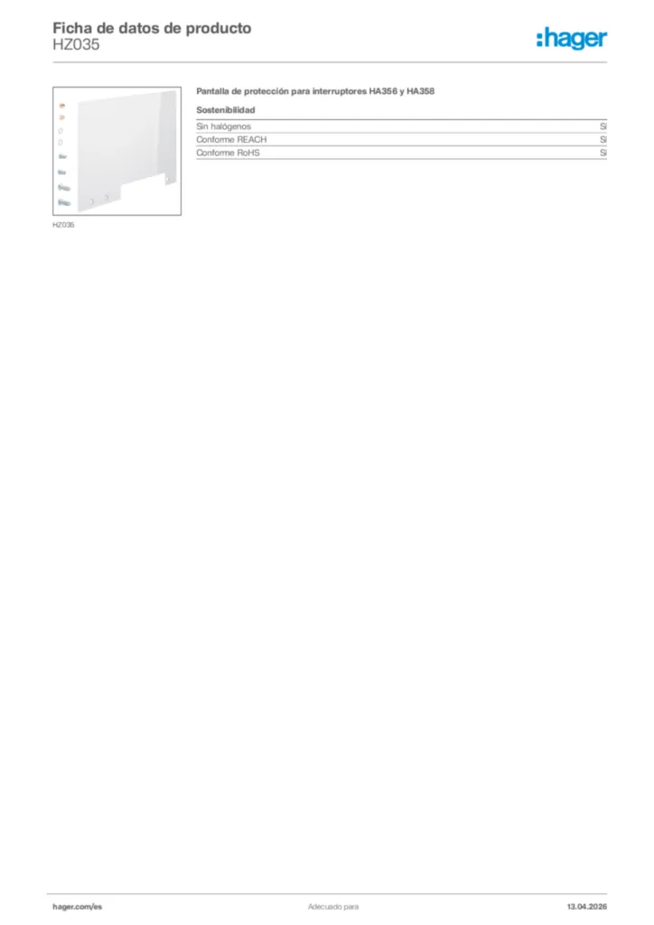 Imagen Hager Ficha de datos de producto HZ035 | Hager España