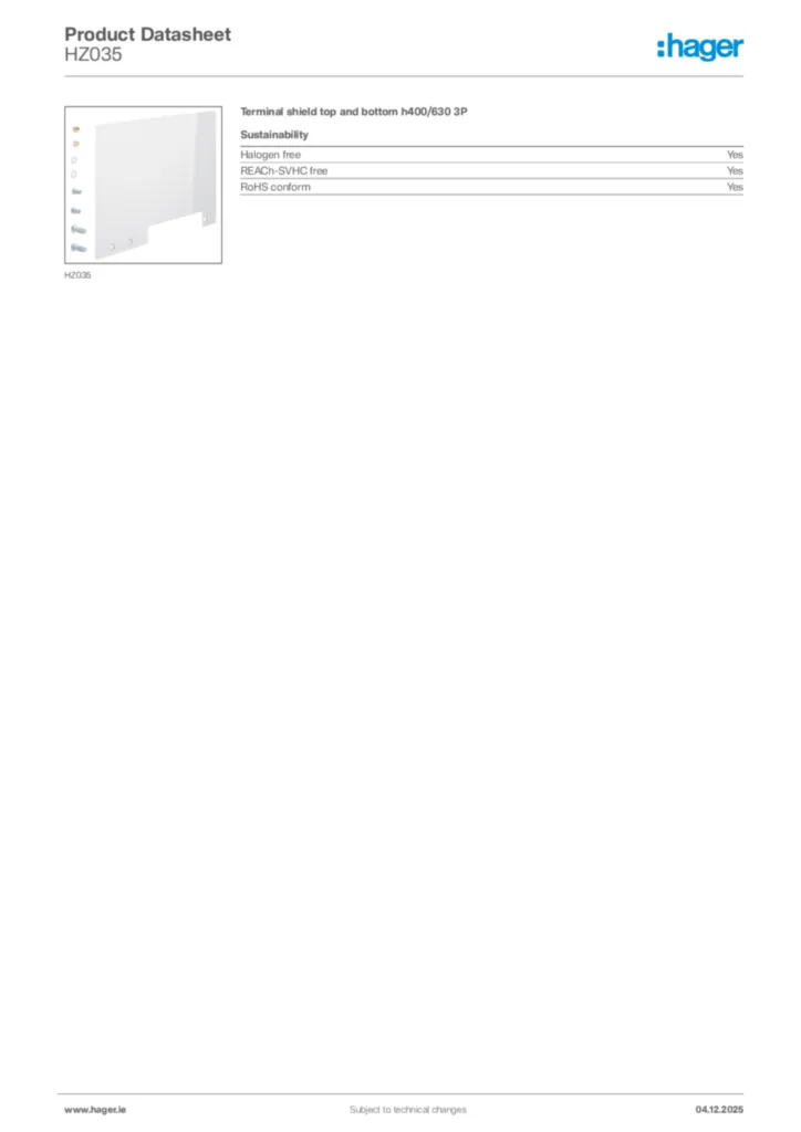 Image Hager Product data sheet HZ035  | Hager