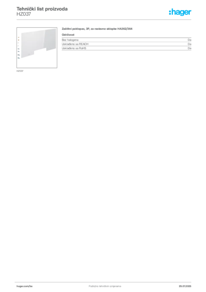Slika Hager Product data sheet HZ037  | Hager