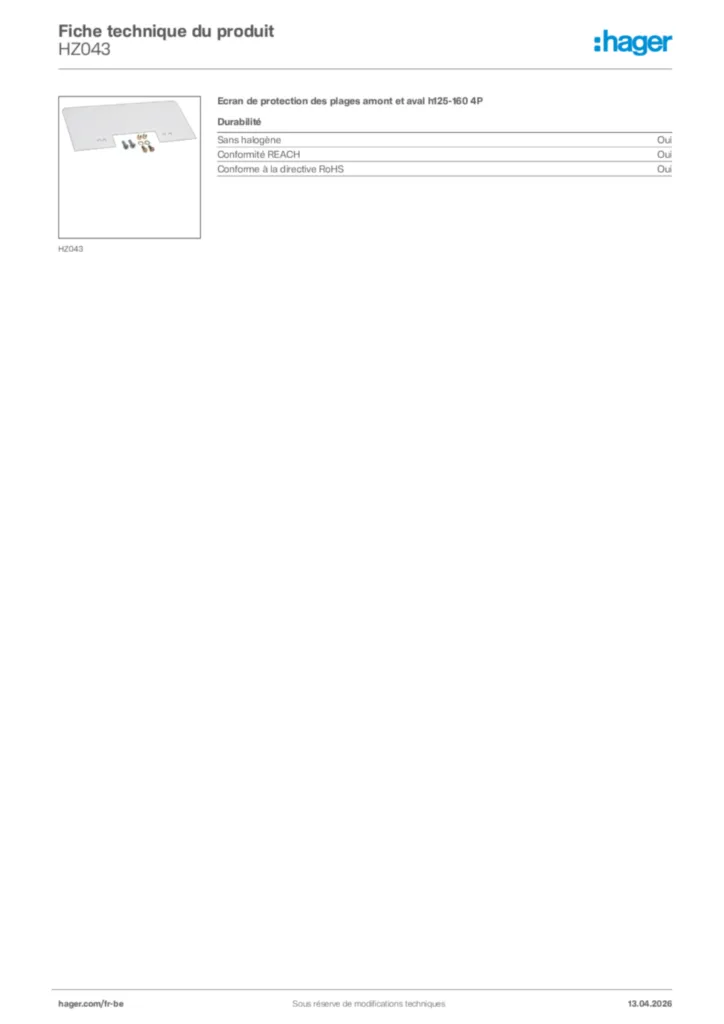 Image Hager Fiche technique du produit HZ043 | Hager Belgique