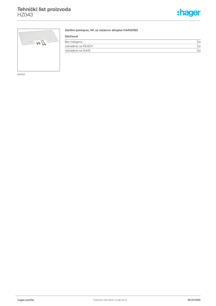 Slika Hager Product data sheet HZ043  | Hager