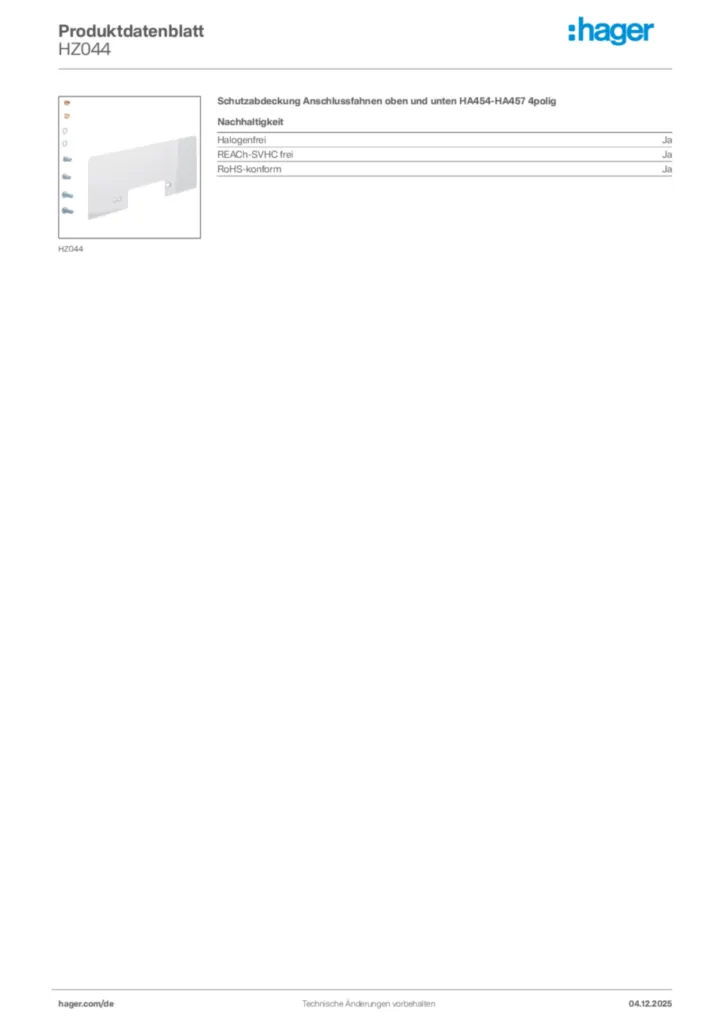 Bild Hager Produktdatenblatt HZ044 | Hager Deutschland
