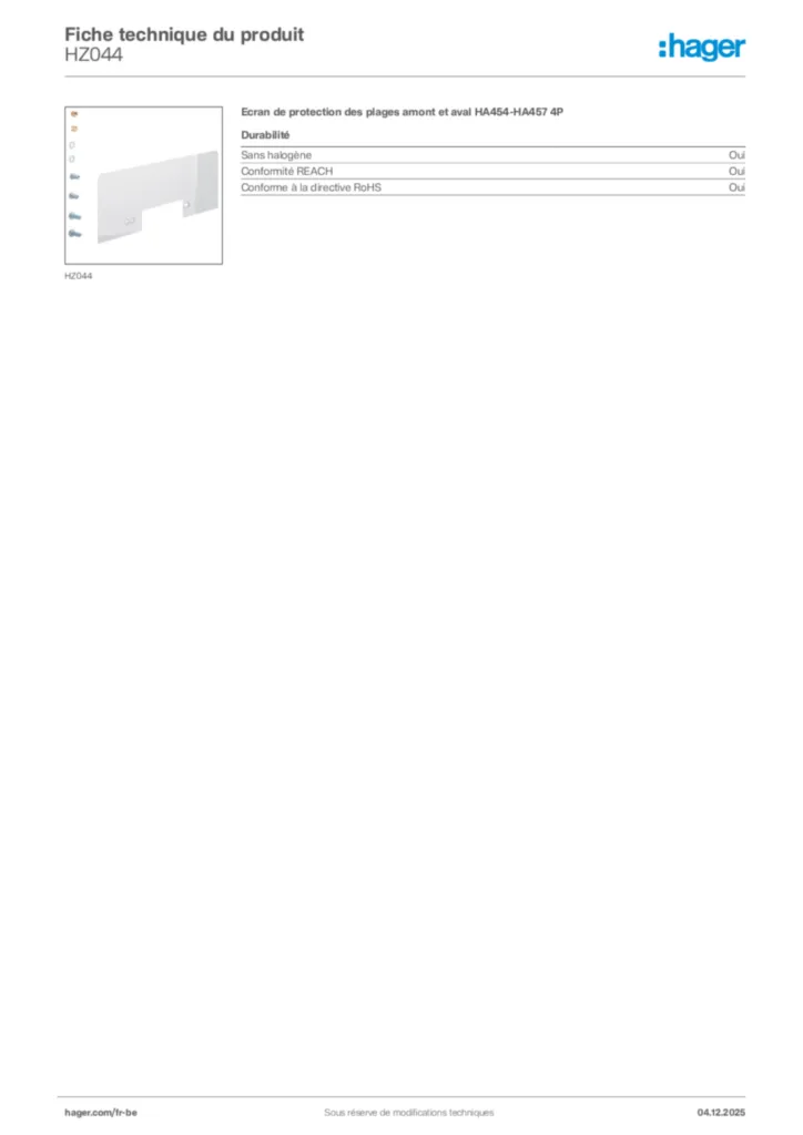 Image Hager Fiche technique du produit HZ044 | Hager Belgique