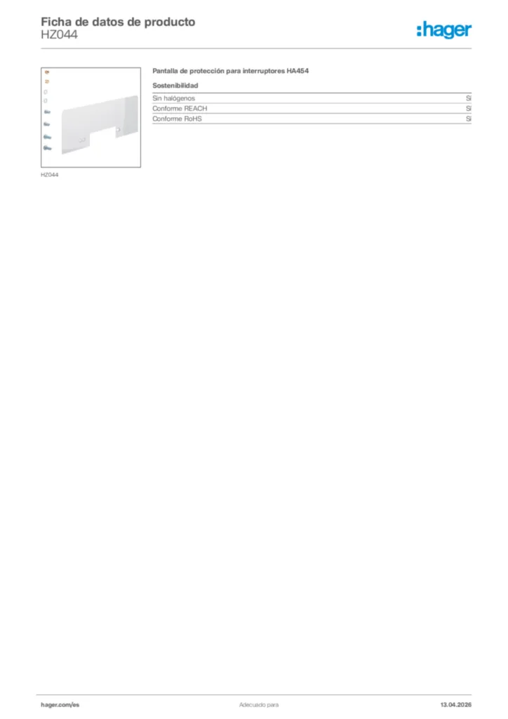 Imagen Hager Ficha de datos de producto HZ044 | Hager España
