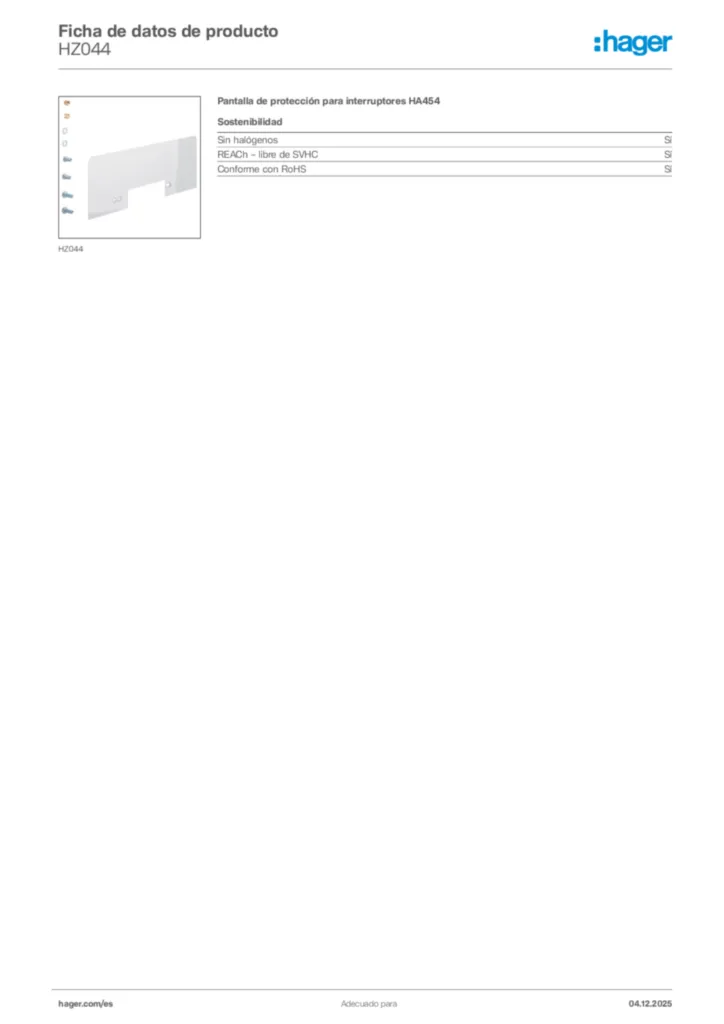 Imagen Hager Ficha de datos de producto HZ044 | Hager España