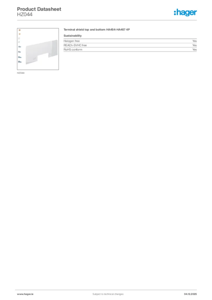 Image Hager Product data sheet HZ044  | Hager
