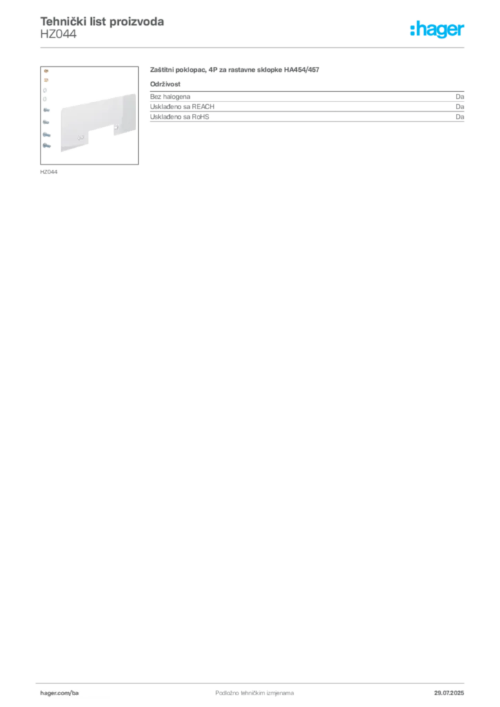 Slika Hager Product data sheet HZ044  | Hager