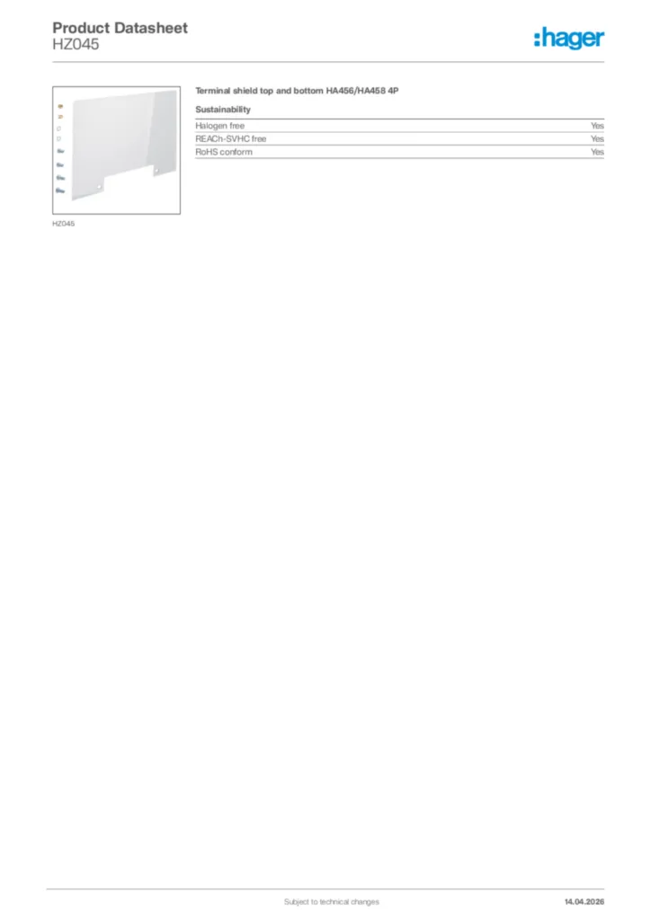 Image Hager Product data sheet HZ045  | Hager Africa