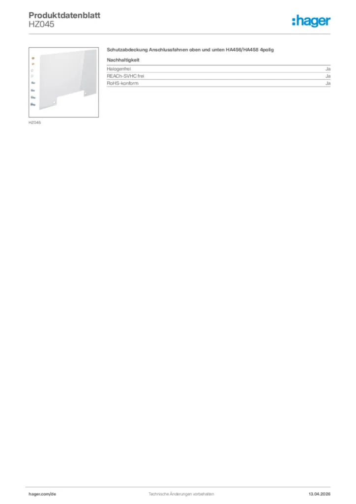 Bild Hager Produktdatenblatt HZ045 | Hager Deutschland