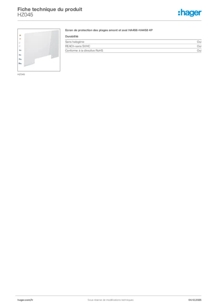 Image Hager Fiche technique du produit HZ045 | Hager France