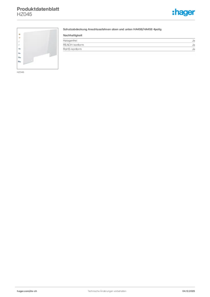 Bild Hager Produktdatenblatt HZ045 | Hager Schweiz