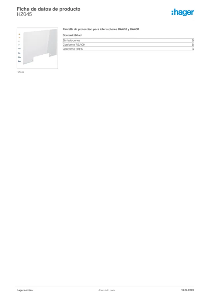 Imagen Hager Ficha de datos de producto HZ045 | Hager España