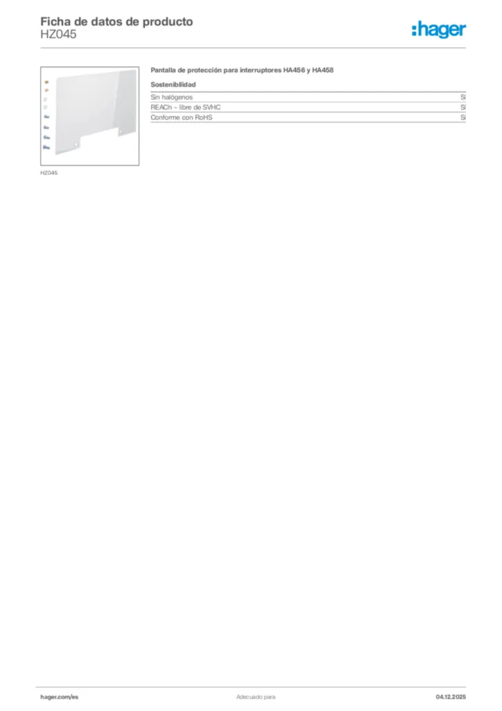 Imagen Hager Ficha de datos de producto HZ045 | Hager España
