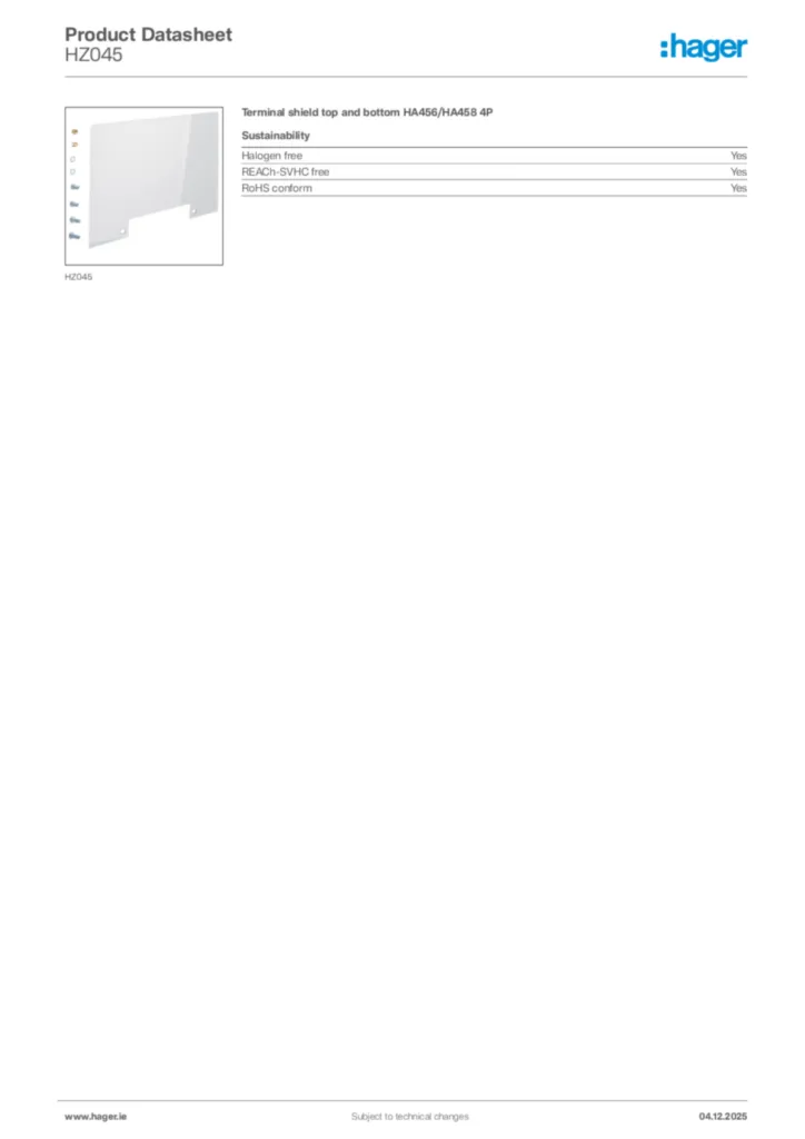 Image Hager Product data sheet HZ045  | Hager