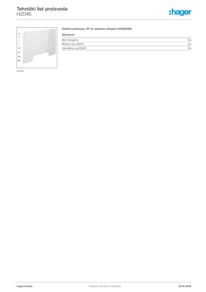 Slika Hager Tehnički list proizvoda HZ045  | Hager